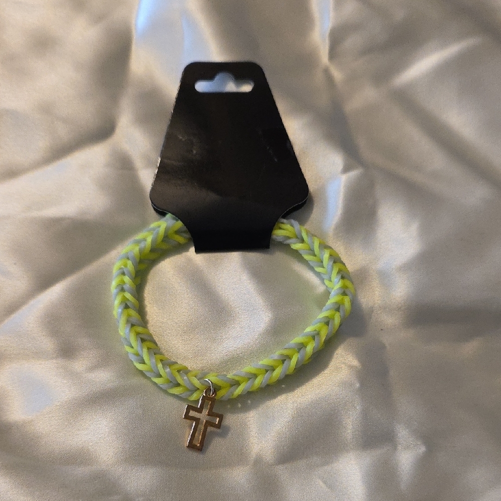 Neon Yellow Braided Bracelet with Cross Charm